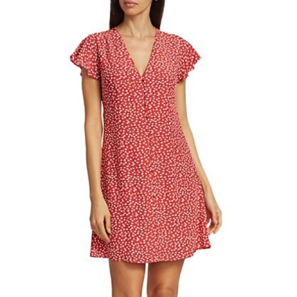 Rails Helena Floral Flutter-Sleeve A-Line Dress Carmine Red XS